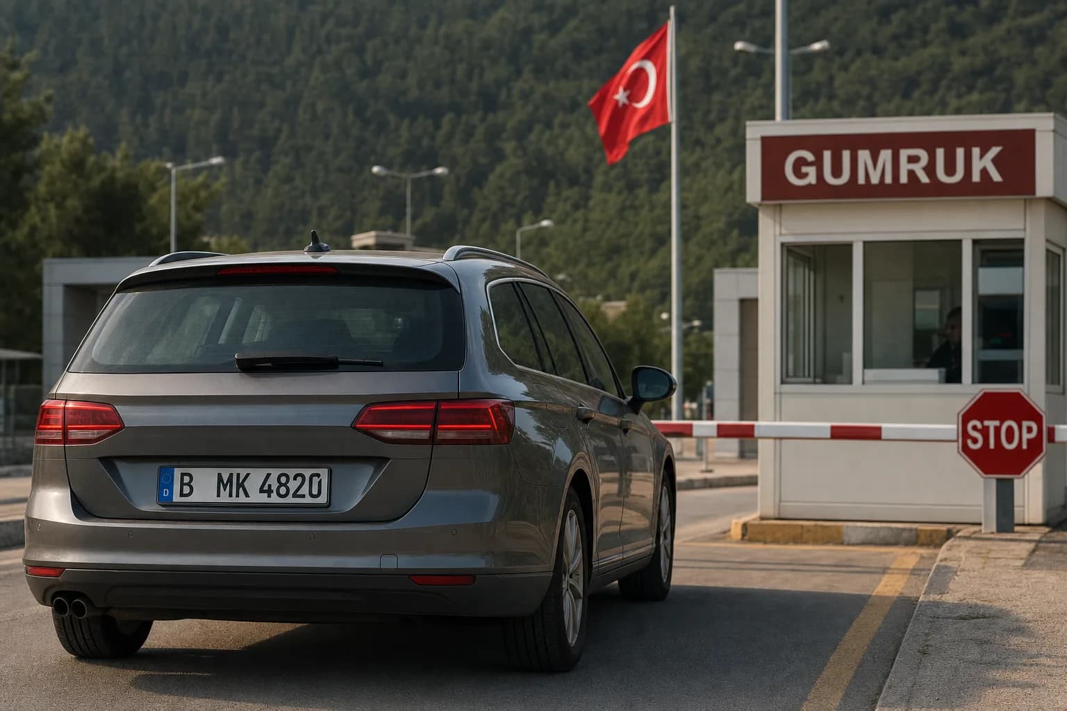 Yurt dışından getirilen yabancı plakalı bir aracın Türk gümrük kapısındaki denetim şeritlerinde beklemesi; arkada Türk bayrağı.