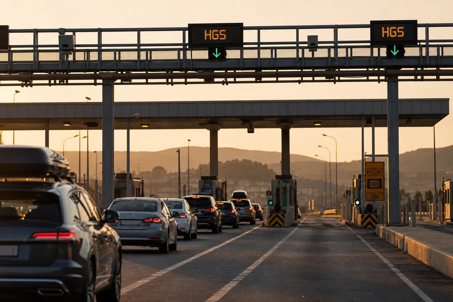 Bayram trafiğinde otoyol gişesinden akan araçlar ve üstte HGS yazan elektronik geçiş portalı.
