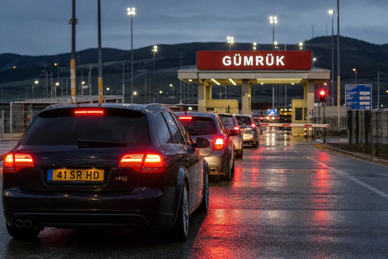 Hollanda plakalı araç, akşam saatinde Türkiye'de bir gümrük kapısının çıkış şeridinde bariyer önünde sırada bekliyor.