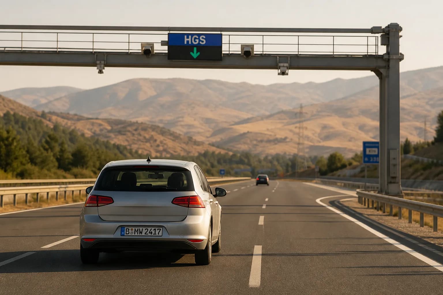 Alman plakalı otomobil, Türkiye'de HGS tabelası taşıyan otoyol geçiş portalına yaklaşıyor.